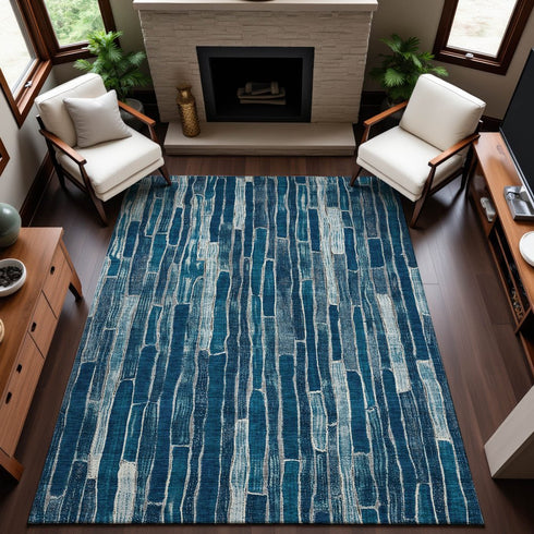 8' Blue And Ivory Striped Washable Area Rug With UV Protection