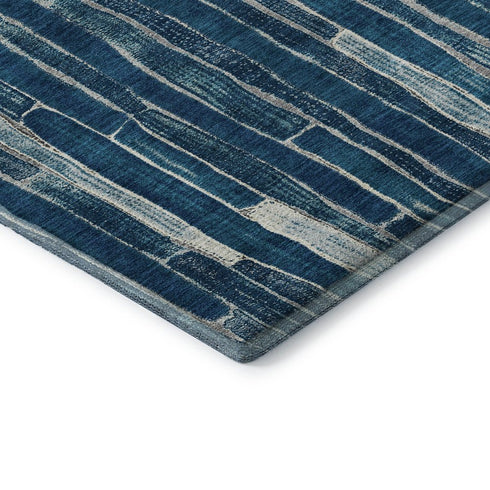 8' Blue And Ivory Striped Washable Area Rug With UV Protection