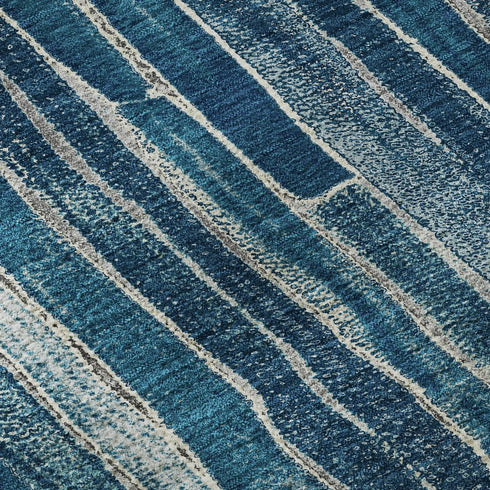 8' Blue And Ivory Striped Washable Area Rug With UV Protection