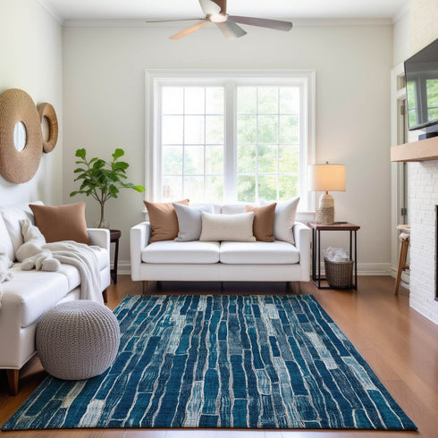 8' Blue And Ivory Striped Washable Area Rug With UV Protection