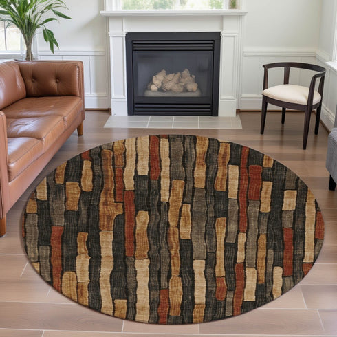 8' X 8' Coffee Rust And Copper Striped Washable Round Rug With UV Protection