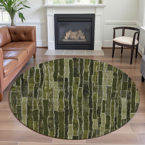 8' X 8' Olive Green And Beige Striped Washable Round Rug With UV Protection