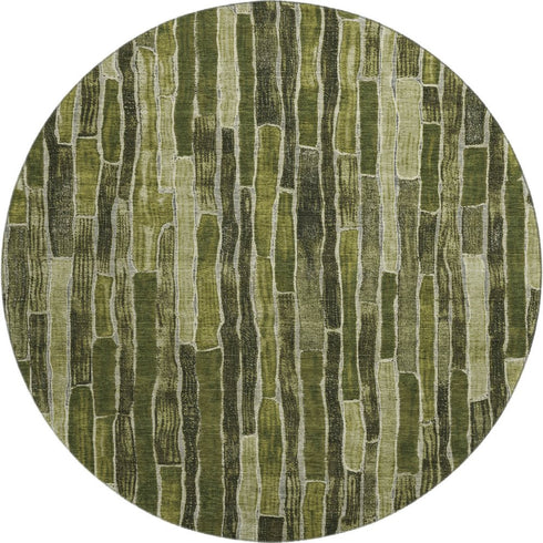 8' X 8' Olive Green And Beige Striped Washable Round Rug With UV Protection