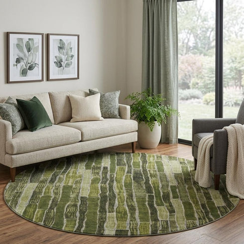 8' X 8' Olive Green And Beige Striped Washable Round Rug With UV Protection