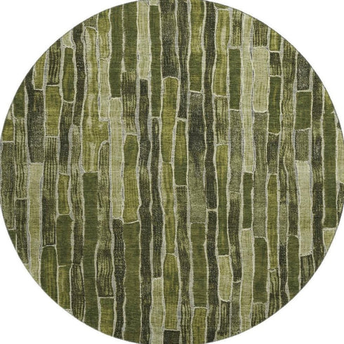 8' X 8' Olive Green And Beige Striped Washable Round Rug With UV Protection