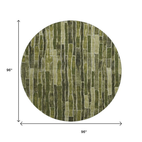 8' X 8' Olive Green And Beige Striped Washable Round Rug With UV Protection