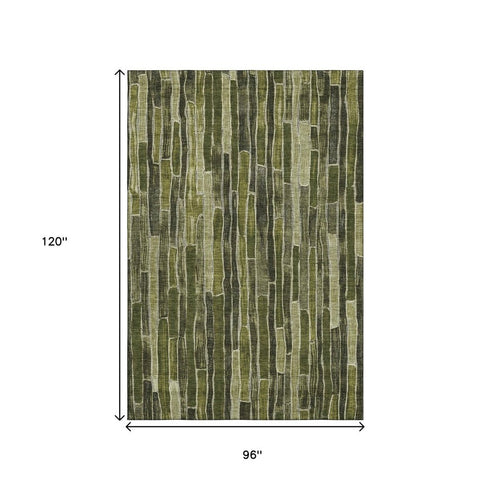8' Olive Green And Beige Striped Washable Area Rug With UV Protection