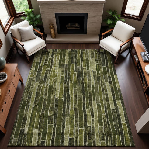 8' Olive Green And Beige Striped Washable Area Rug With UV Protection
