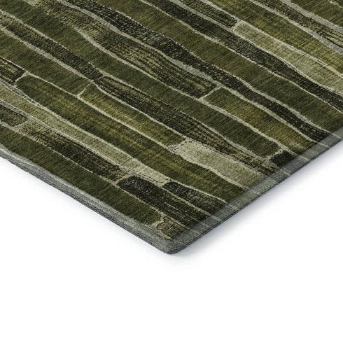 8' Olive Green And Beige Striped Washable Area Rug With UV Protection