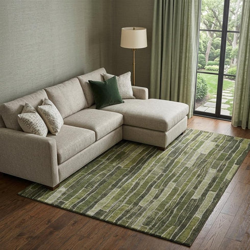 9' X 12' Olive Green And Beige Striped Washable Area Rug With UV Protection