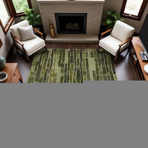9' X 12' Olive Green And Beige Striped Washable Area Rug With UV Protection