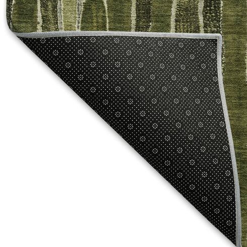 9' X 12' Olive Green And Beige Striped Washable Area Rug With UV Protection