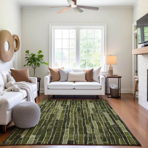 9' X 12' Olive Green And Beige Striped Washable Area Rug With UV Protection