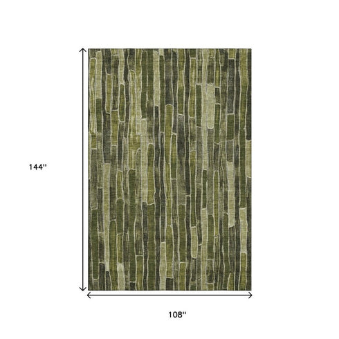 9' X 12' Olive Green And Beige Striped Washable Area Rug With UV Protection