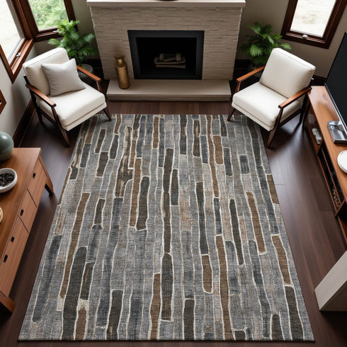 8' Pewter Gray And Silver Striped Washable Area Rug With UV Protection