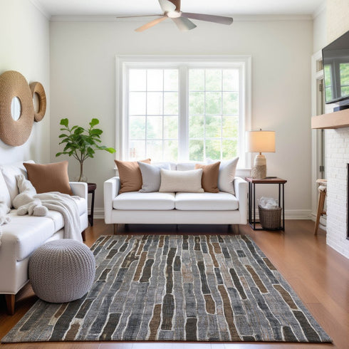 8' Pewter Gray And Silver Striped Washable Area Rug With UV Protection