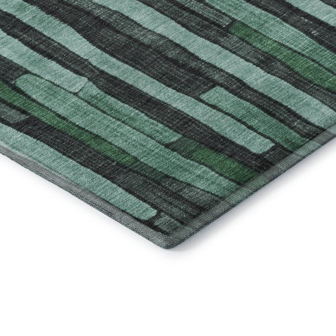 8' X 8' Sage Gray And Teal Striped Washable Round Rug With UV Protection