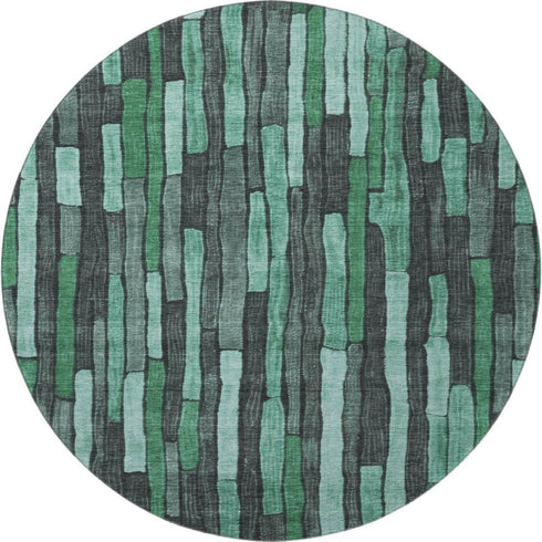 8' X 8' Sage Gray And Teal Striped Washable Round Rug With UV Protection