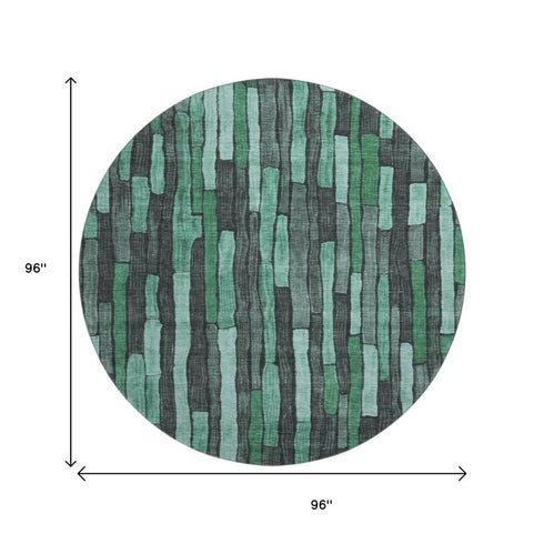 8' X 8' Sage Gray And Teal Striped Washable Round Rug With UV Protection