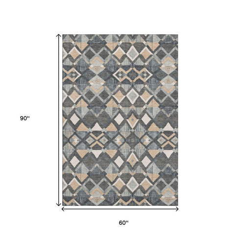 5' X 8' Graphite Peach And Ivory Geometric Washable Area Rug With UV Protection