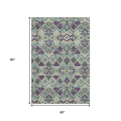 5' X 8' Pale Aqua And Purple Geometric Washable Area Rug With UV Protection