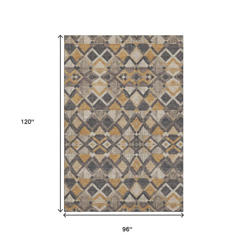 8' Wheat Charcoal And Ivory Geometric Washable Area Rug With UV Protection