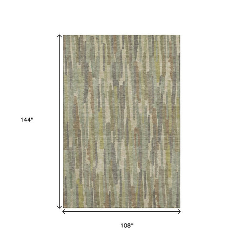 9' X 12' Artichoke Green Copper And Beige Striped Washable Area Rug With UV Protection
