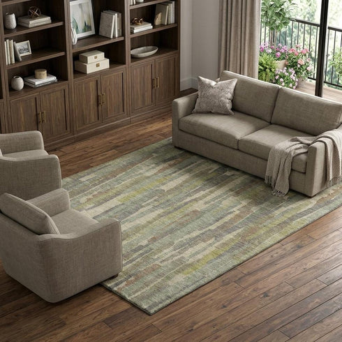 9' X 12' Artichoke Green Copper And Beige Striped Washable Area Rug With UV Protection