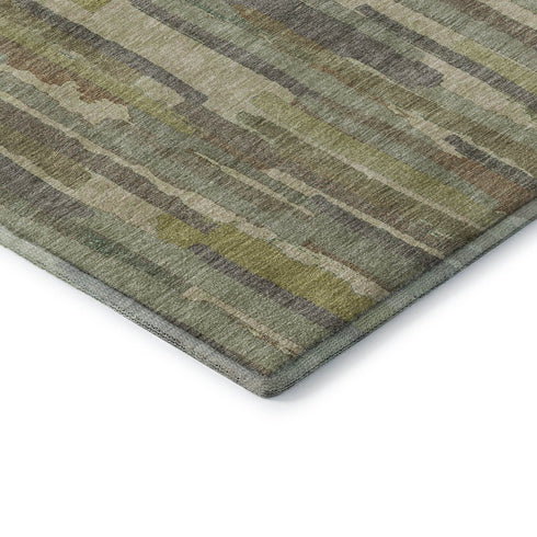 9' X 12' Artichoke Green Copper And Beige Striped Washable Area Rug With UV Protection