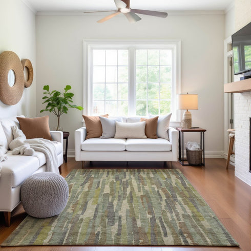 9' X 12' Artichoke Green Copper And Beige Striped Washable Area Rug With UV Protection