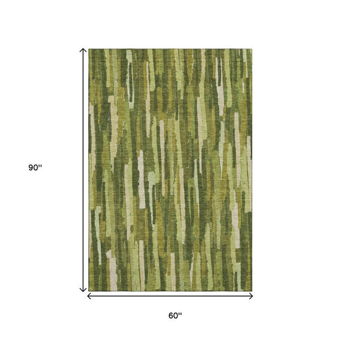 5' X 8' Green And Ivory Striped Washable Area Rug With UV Protection