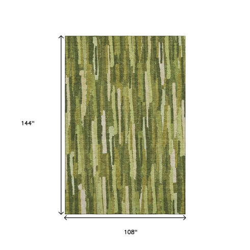 9' X 12' Green And Ivory Striped Washable Area Rug With UV Protection