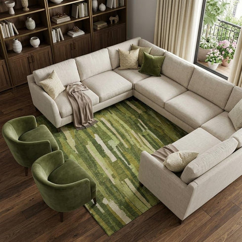 9' X 12' Green And Ivory Striped Washable Area Rug With UV Protection