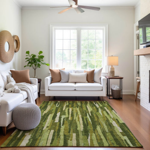 9' X 12' Green And Ivory Striped Washable Area Rug With UV Protection
