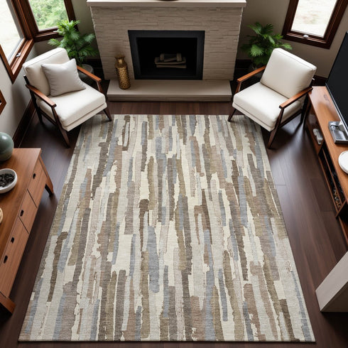 8' Ivory Gray And Brown Striped Washable Area Rug With UV Protection