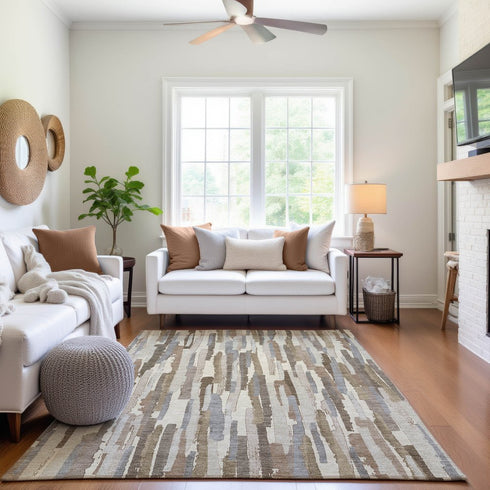 8' Ivory Gray And Brown Striped Washable Area Rug With UV Protection