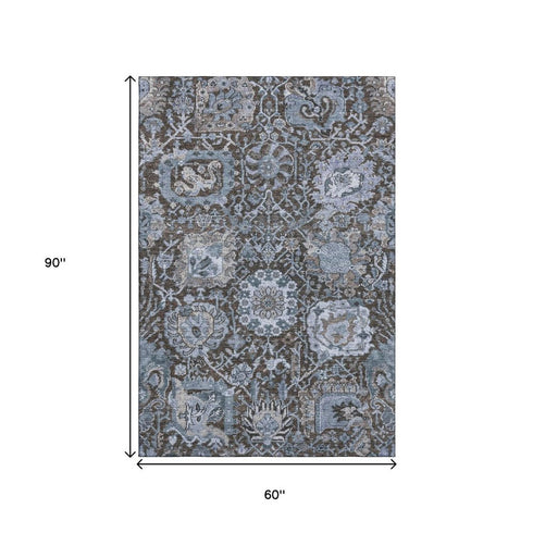 5' X 8' Denim Blue Gray And Silver Damask Washable Area Rug With UV Protection
