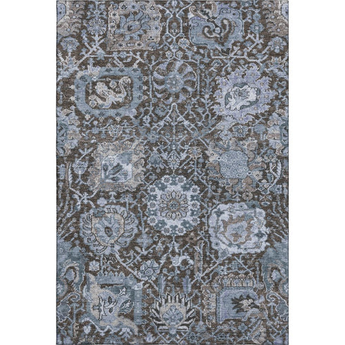 5' X 8' Denim Blue Gray And Silver Damask Washable Area Rug With UV Protection