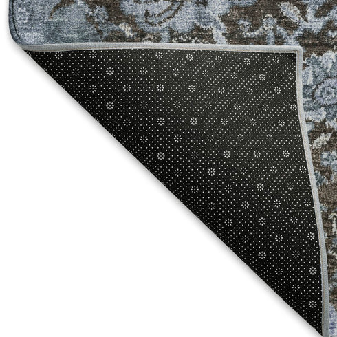 5' X 8' Denim Blue Gray And Silver Damask Washable Area Rug With UV Protection