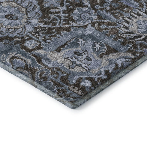 5' X 8' Denim Blue Gray And Silver Damask Washable Area Rug With UV Protection