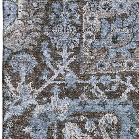 5' X 8' Denim Blue Gray And Silver Damask Washable Area Rug With UV Protection