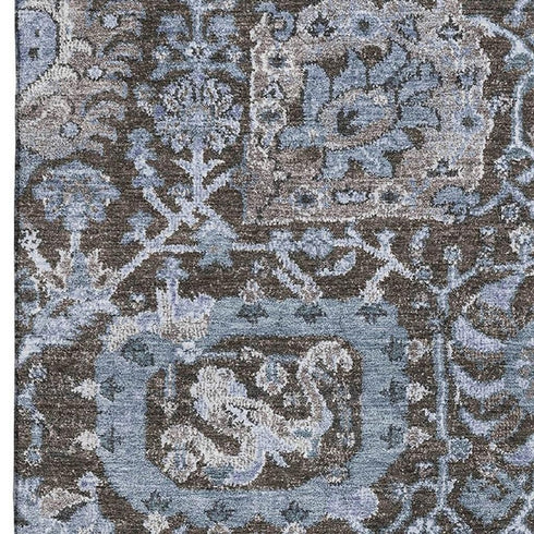 5' X 8' Denim Blue Gray And Silver Damask Washable Area Rug With UV Protection