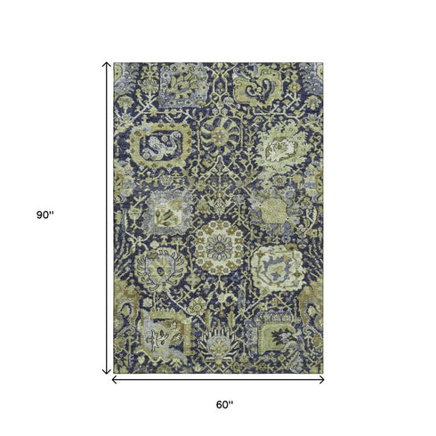 5' X 8' Fern Green Navy Blue And Ivory Damask Washable Area Rug With UV Protection