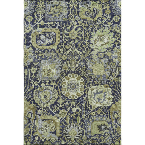 5' X 8' Fern Green Navy Blue And Ivory Damask Washable Area Rug With UV Protection