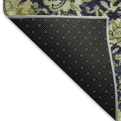 5' X 8' Fern Green Navy Blue And Ivory Damask Washable Area Rug With UV Protection