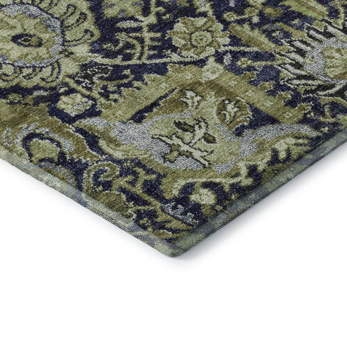 5' X 8' Fern Green Navy Blue And Ivory Damask Washable Area Rug With UV Protection