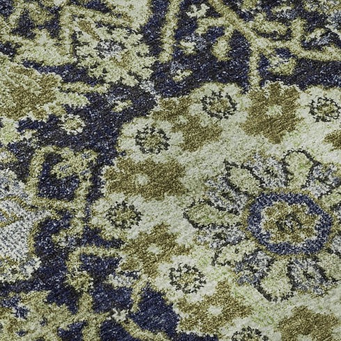 5' X 8' Fern Green Navy Blue And Ivory Damask Washable Area Rug With UV Protection