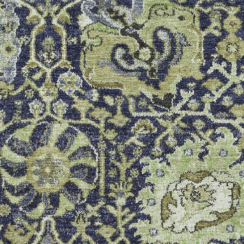 5' X 8' Fern Green Navy Blue And Ivory Damask Washable Area Rug With UV Protection