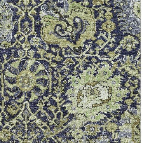 5' X 8' Fern Green Navy Blue And Ivory Damask Washable Area Rug With UV Protection