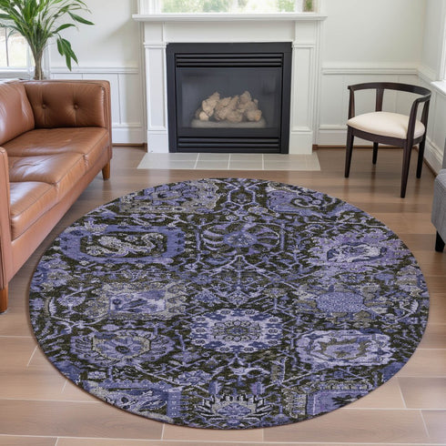8' X 8' Purple Gray And Silver Damask Washable Round Rug With UV Protection